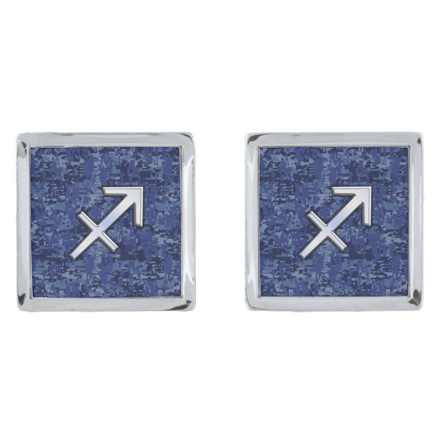 Sagittarius Zodiac Sign on Navy Digital Camouflage Cufflinks (Front)