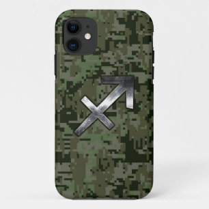 Sagittarius Zodiac Sign on Olive Woodland Camo iPhone 11 Case