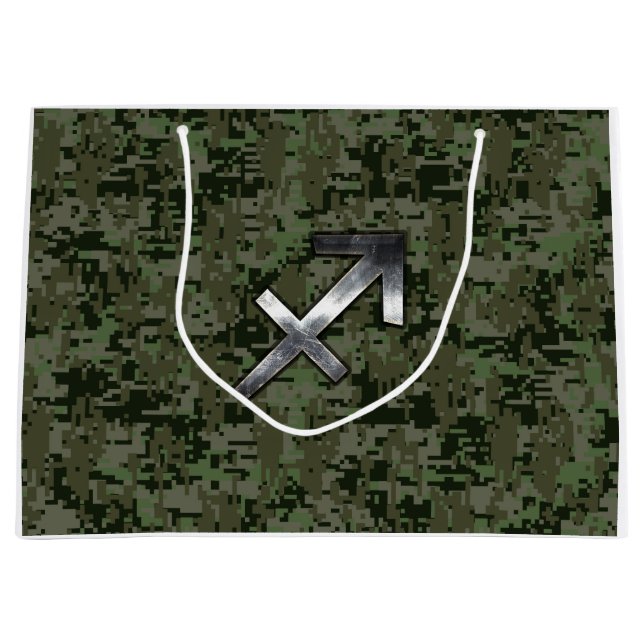 Sagittarius Zodiac Sign on Woodland Camouflage Large Gift Bag (Front)