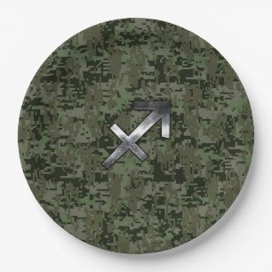 Sagittarius Zodiac Sign on Woodland Camouflage Paper Plates