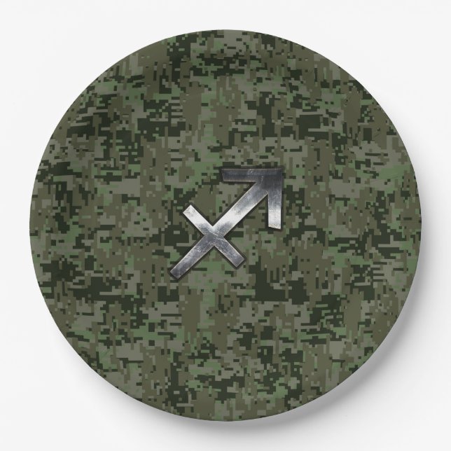 Sagittarius Zodiac Sign on Woodland Camouflage Paper Plates (Front)