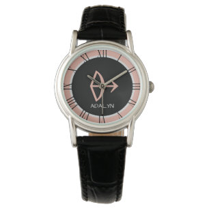 Sagittarius Zodiac Sign Rose Pink Gray Custom Name Watch