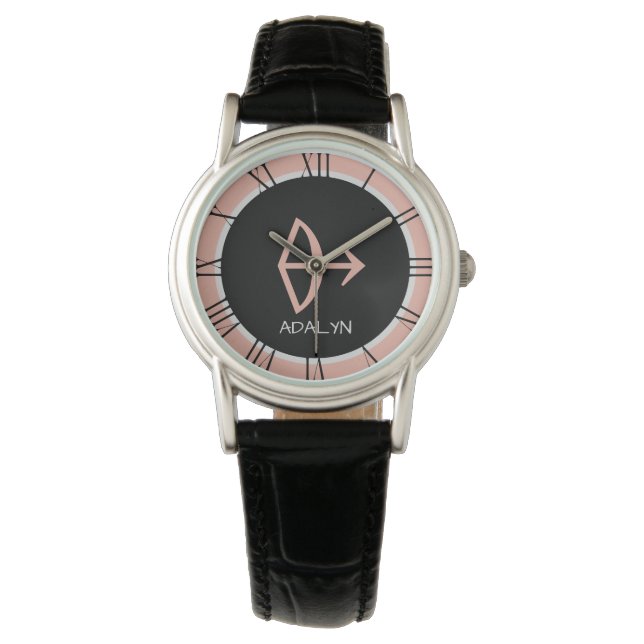 Sagittarius Zodiac Sign Rose Pink Gray Custom Name Watch (Front)