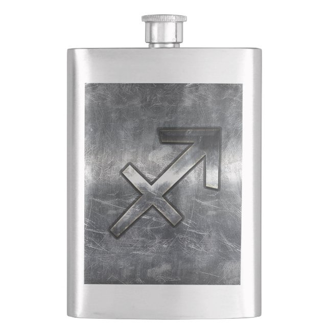 Sagittarius Zodiac Silver Distressed Steel look Flask (Front)
