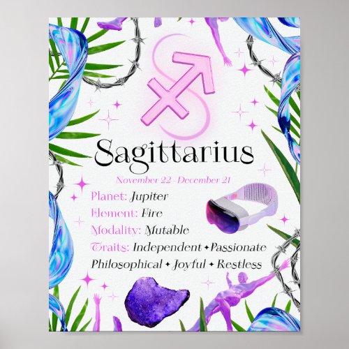 Sagittarius Zodiac Star Sign Y2K White 45 Poster