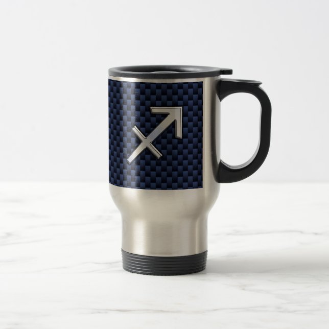 Sagittarius Zodiac Symbol Blue Carbon Fiber Print Travel Mug (Right)