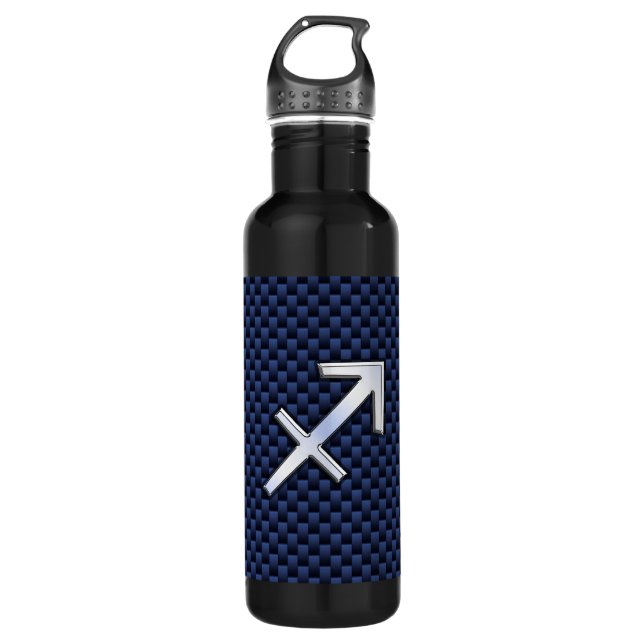 Sagittarius Zodiac Symbol Blue Carbon Fiber Print Water Bottle (Front)