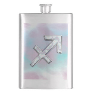 Sagittarius Zodiac Symbol Mother of Pearl Style Hip Flask
