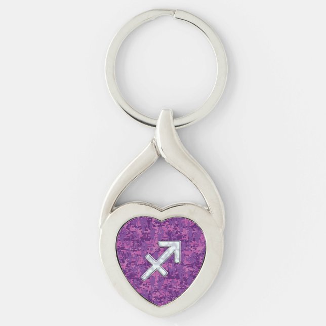 Sagittarius Zodiac Symbol on Fuchsia Digital Camo Keychain (Front)