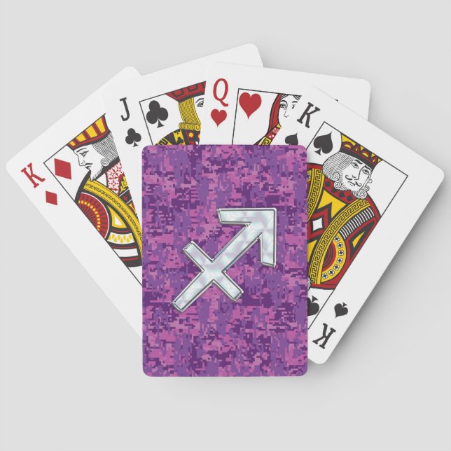 Sagittarius Zodiac Symbol on Fuchsia Digital Camo Poker Cards (Back)
