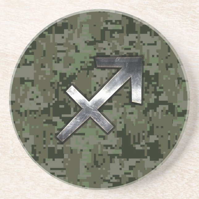 Sagittarius Zodiac Symbol on Green Digital Camo Drink Coaster (Front)