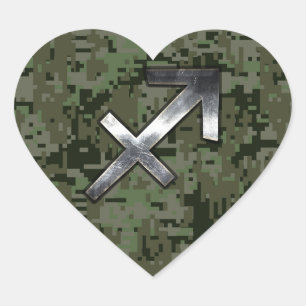Sagittarius Zodiac Symbol on Green Digital Camo Heart Sticker