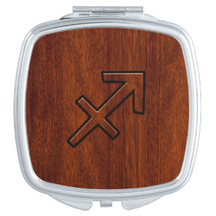 Sagittarius Zodiac Symbol on Mahogany Wood Decor Compact Mirror