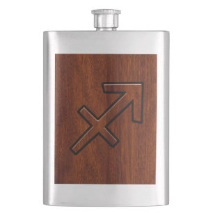 Sagittarius Zodiac Symbol on Mahogany Wood Decor Hip Flask