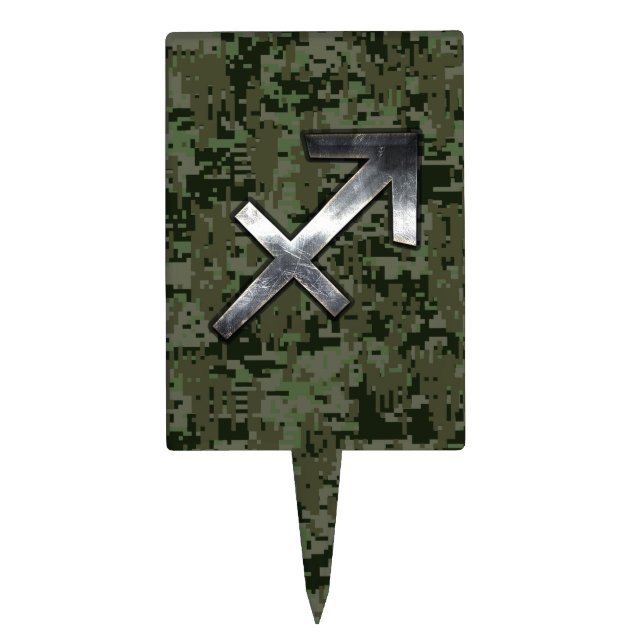 Sagittarius Zodiac Symbol on Woodland Digital Camo Cake Topper (Front)