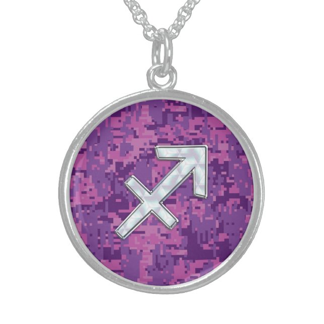 Sagittarius Zodiac Symbol Pink Digital Camouflage Sterling Silver Necklace (Front)
