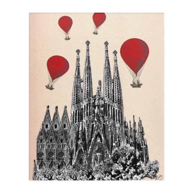 Sagrada Familia and Red Hot Air Balloons Acrylic Print (Front)