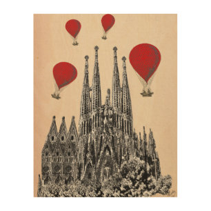 Sagrada Familia and Red Hot Air Balloons Wood Wall Decor