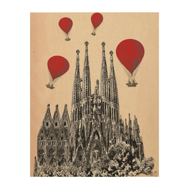 Sagrada Familia and Red Hot Air Balloons Wood Wall Decor (Front)