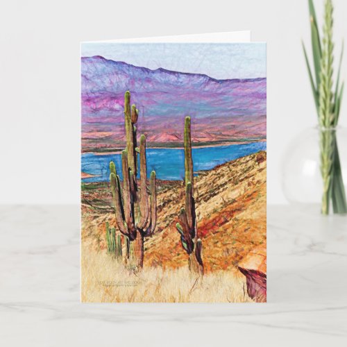 Saguaro Cacti Blue Lake Purple Mountains Arizona Card