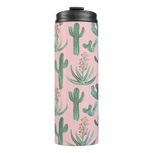 Saguaro Cacti Desert Aloe Plants on PinkWatercolor Thermal Tumbler