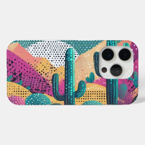 Saguaro cacti in landscape dotted background iPhone 15 pro case