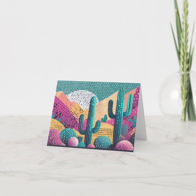 Saguaro cacti in landscape dotted background note card (Front)