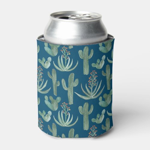 Saguaro Cactus Aloe Succulent Watercolor Blue Can Cooler