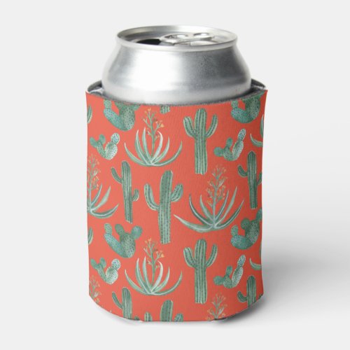 Saguaro Cactus Aloe Succulent Watercolor Red Can Cooler