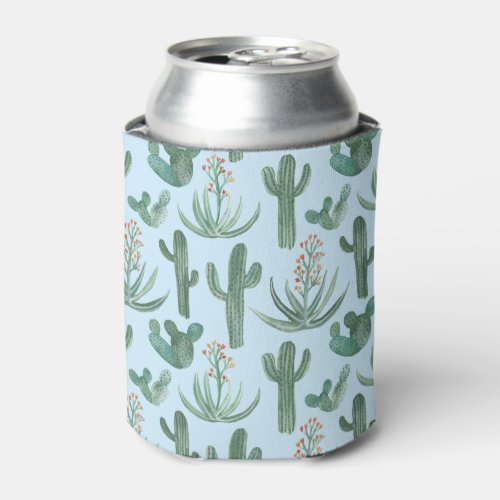 Saguaro Cactus Aloe Vera Succulent Watercolor Blue Can Cooler