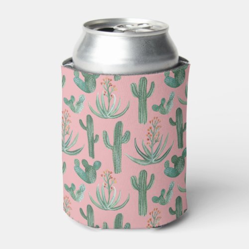 Saguaro Cactus Aloe Vera Succulent Watercolor Pink Can Cooler