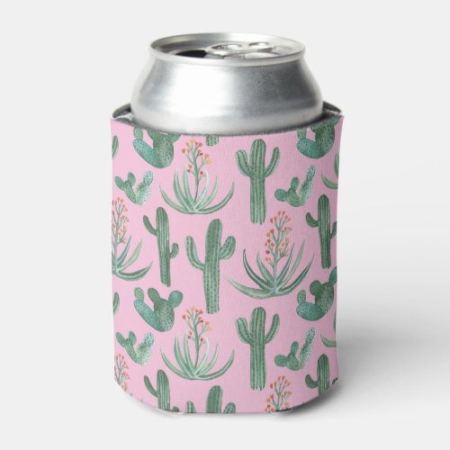 Saguaro Cactus Aloe Vera Succulent Watercolor Pink Can Cooler