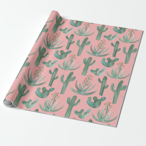 Saguaro Cactus and Desert Aloe Plants on PINK Wrapping Paper