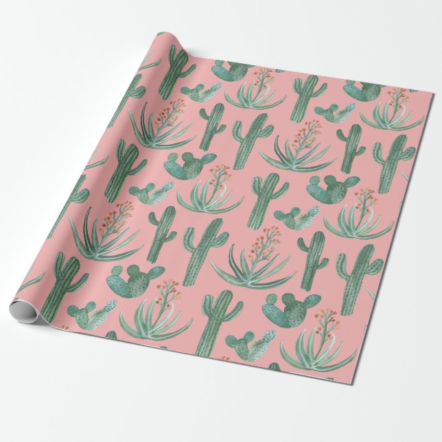 Saguaro Cactus and Desert Aloe Plants on PINK Wrapping Paper (Unrolled)