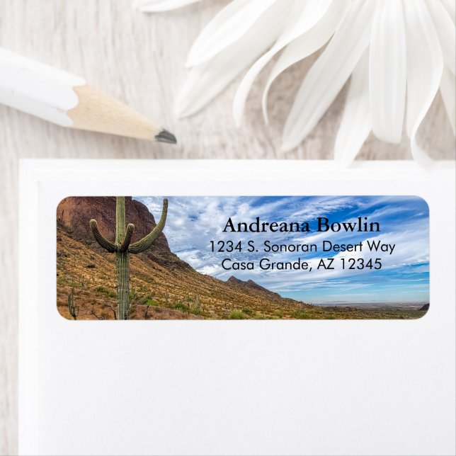 Saguaro Cactus Arizona Blue Sky Dramatic Clouds Label (Insitu)