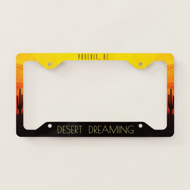 Saguaro Cactus Arizona Desert Sunset Yellow Orange License Plate Frame (Front)