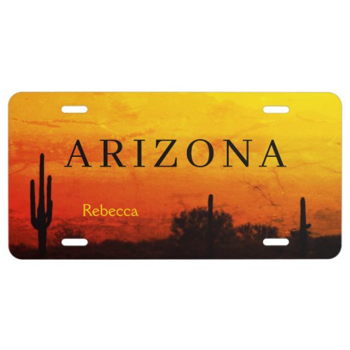 Saguaro Cactus Arizona Sunset Red Orange  Yellow License Plate