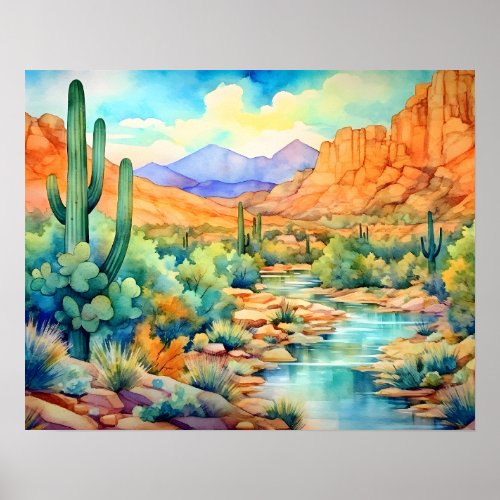 Saguaro Cactus Arizona Watercolor Landscape Poster