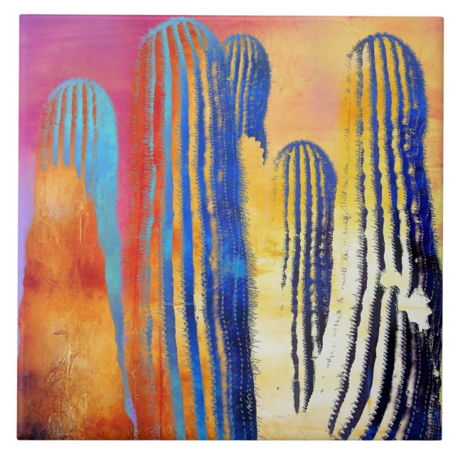 Saguaro Cactus Colorful Southwestern Desert Ceramic Tile (Front)