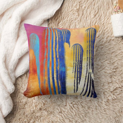 Saguaro Cactus Colorful Southwestern Desert Throw Pillow