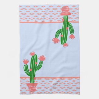 Saguaro Cactus, Coral Rose and Light Blue Kitchen Towel