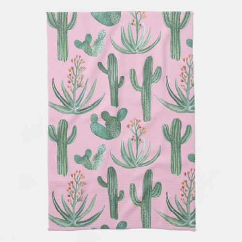 Saguaro Cactus Desert Aloe Pattern Watercolor Kitchen Towel