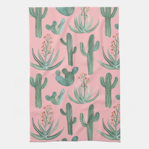 Saguaro Cactus Desert Aloe Pattern Watercolor Kitchen Towel