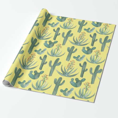 Saguaro Cactus Desert Aloe Plants yellow Wrapping Paper