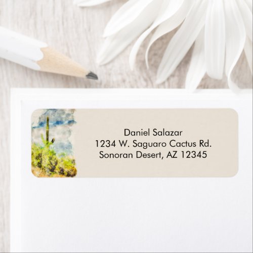 Saguaro Cactus Desert Scene Digital Watercolor Label