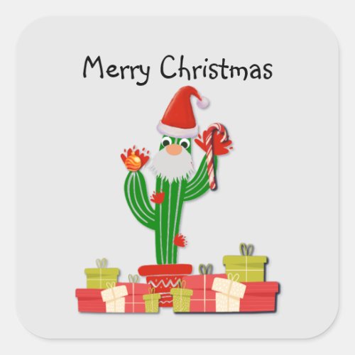 Saguaro Cactus Dressed Like Santa Merry Christmas Square Sticker