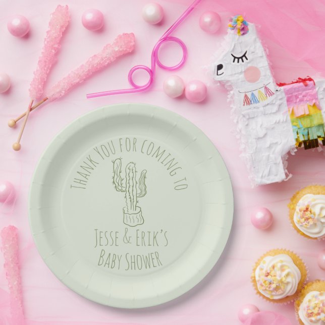 Saguaro Cactus Hand Drawn Green Baby Shower    Paper Plates (Party)