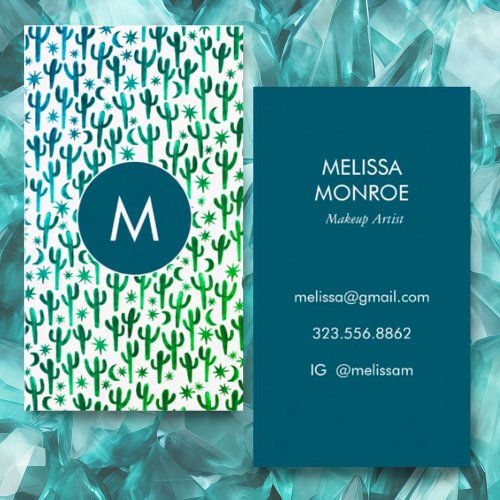 Saguaro Cactus Moon Stars Pattern Elegant INITIALS Business Card