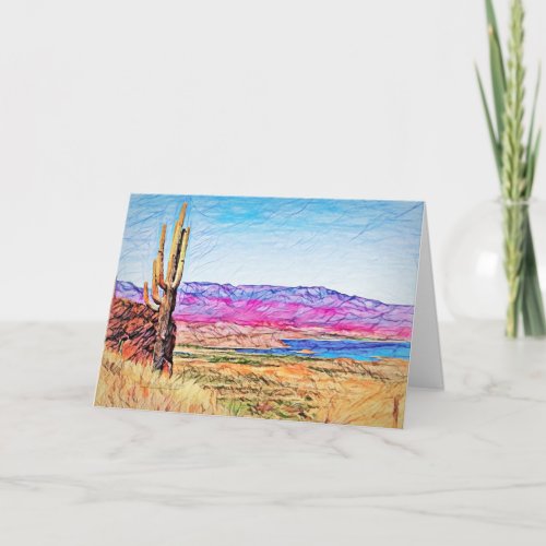 Saguaro Cactus Purple Mountians Blue Lake Arizona Card