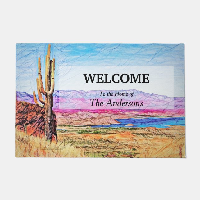 Saguaro Cactus Purple Mountians Blue Lake Arizona  Doormat (Front)